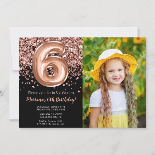 Foto 6e Zwart Roos Goud Glitter Verjaardagsfeest Kaart (Voorkant)