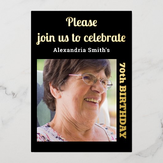 Foto 70th Birthday Black Gold Folie Uitnodiging (Voorkant)