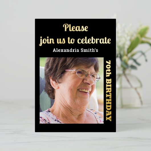 Foto 70th Birthday Black Gold Folie Uitnodiging (Staand Voorkant)