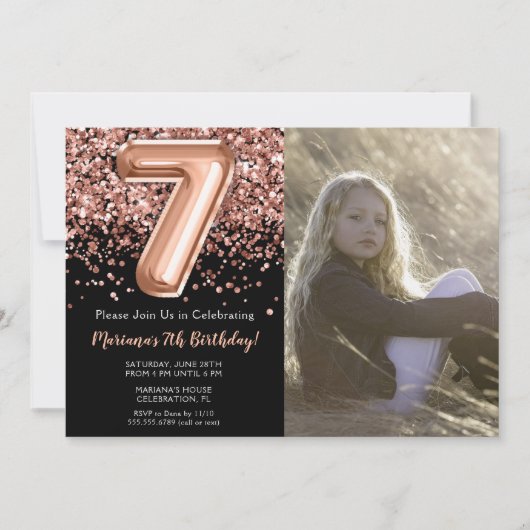 Foto 7e Black Roos Gold Glitter Verjaardag Kaart (Voorkant)