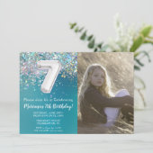 Foto 7e Blauwgroen Silver Glitter Verjaardag Kaart (Staand voorkant)