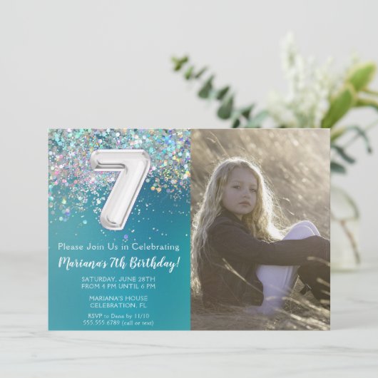 Foto 7e Blauwgroen Silver Glitter Verjaardag Kaart (Staand voorkant)