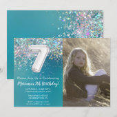 Foto 7e Blauwgroen Silver Glitter Verjaardag Kaart (Voorkant / Achterkant)