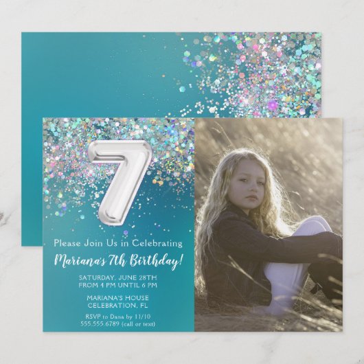 Foto 7e Blauwgroen Silver Glitter Verjaardag Kaart (Voorkant / Achterkant)