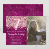 Foto 7e Girly Magenta Pink Glitter Verjaardag Kaart (Voorkant / Achterkant)