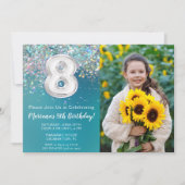 Foto 8e Blauwgroen Silver Glitter Verjaardag Kaart (Voorkant)
