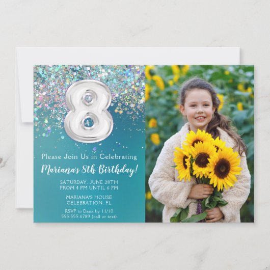 Foto 8e Blauwgroen Silver Glitter Verjaardag Kaart (Voorkant)