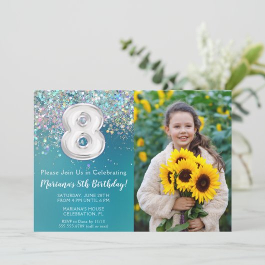 Foto 8e Blauwgroen Silver Glitter Verjaardag Kaart (Staand voorkant)