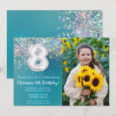 Foto 8e Blauwgroen Silver Glitter Verjaardag Kaart (Voorkant / Achterkant)