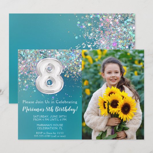 Foto 8e Blauwgroen Silver Glitter Verjaardag Kaart (Voorkant / Achterkant)