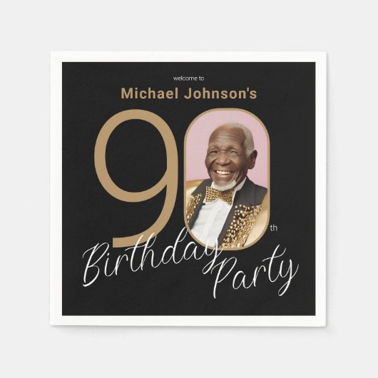 Foto 90e verjaardag Goud Zwart Elegant Custom Servet (Voorkant)