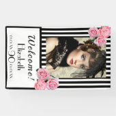 Foto 90e verjaardag zwarte witte strepen florals spandoek (Horizontaal)