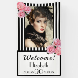 Foto 90e verjaardag zwarte witte strepen florals spandoek