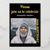 Foto 90th Birthday Black Gold Folie Uitnodiging (Voorkant)