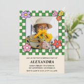 Foto 91e verjaardag uitnodiging Retro Groovy Flora (Staand voorkant)