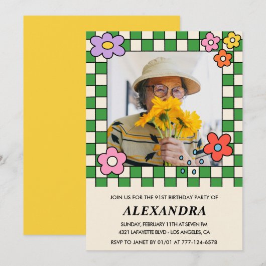 Foto 91e verjaardag uitnodiging Retro Groovy Flora (Voorkant / Achterkant)