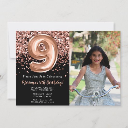 Foto 9e Black Roos Gold Glitter Verjaardag Kaart (Voorkant)