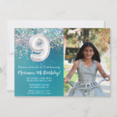 Foto 9e Blauwgroen zilveren glitter Verjaardag Kaart (Voorkant)