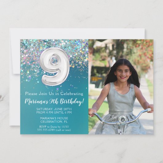 Foto 9e Blauwgroen zilveren glitter Verjaardag Kaart (Voorkant)