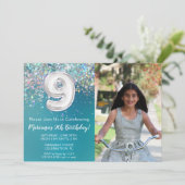 Foto 9e Blauwgroen zilveren glitter Verjaardag Kaart (Staand voorkant)