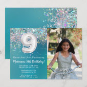 Foto 9e Blauwgroen zilveren glitter Verjaardag Kaart (Voorkant / Achterkant)