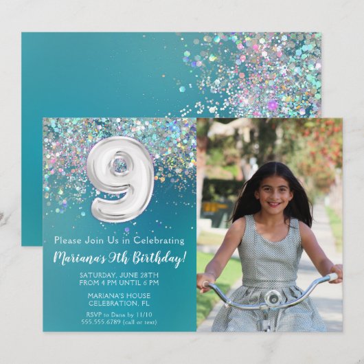 Foto 9e Blauwgroen zilveren glitter Verjaardag Kaart (Voorkant / Achterkant)