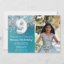 Foto 9e Blauwgroen zilveren glitter Verjaardag Kaart