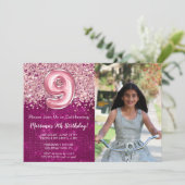 Foto 9e magenta roze glitter verjaardag kaart (Staand voorkant)
