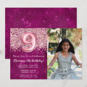 Foto 9e magenta roze glitter verjaardag kaart (Voorkant / Achterkant)