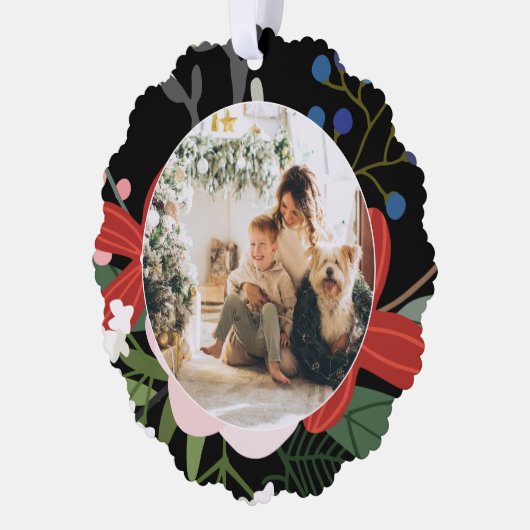 Foto Aangepaste gepersonaliseerde Kerstwinter Bloe Ornament Kaart (Links)