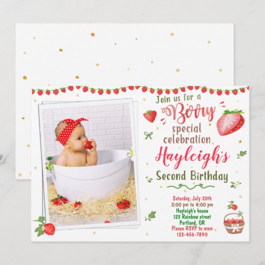 Foto aardbei verjaardagsuitnodiging 2e verjaardag kaart (Voorkant / Achterkant)