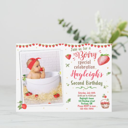 Foto: Aardbery verjaardagsuitnodiging 2e verjaarda Kaart (Staand voorkant)