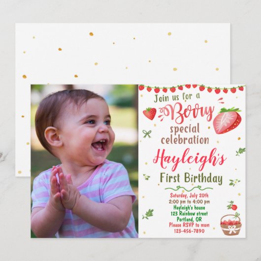 Foto: Aardbery verjaardagsuitnodiging Berry zoete Kaart (Voorkant / Achterkant)