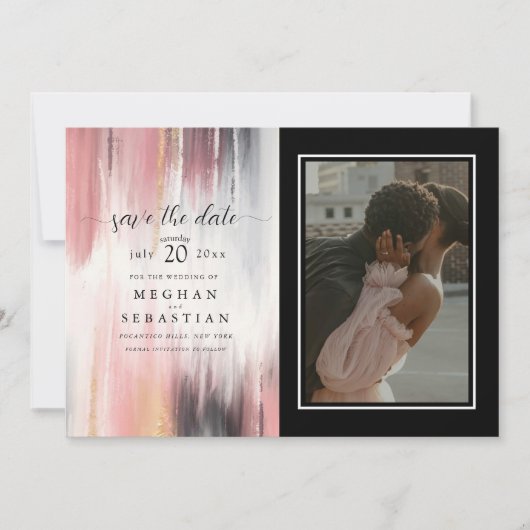 Foto Abstracte Penseelstreken Blush Goud Houtskool Save The Date (Voorkant)