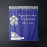 Foto achtergrond 50th Birthday Party Silver Glitte Wandkleed<br><div class="desc">Dit ontwerp werd gecreeerd door digitale kunst. Het kan worden gepersonaliseerd door de pas verdere optie te kiezen. Neem contact met me op colorflowcreations@gmail.com als je dit ontwerp op een ander product wilt gebruiken. Koop mijn oorspronkelijke abstracte acrylschilderij te koop op www.etsy.com/shop/colorflowart. Zie meer van mijn creaties of volg me...</div>