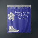 Foto achtergrond 50th Birthday Party Silver Glitte Wandkleed<br><div class="desc">Dit ontwerp werd gecreeerd door digitale kunst. Het kan worden gepersonaliseerd door de pas verdere optie te kiezen. Neem contact met me op colorflowcreations@gmail.com als je dit ontwerp op een ander product wilt gebruiken. Koop mijn oorspronkelijke abstracte acrylschilderij te koop op www.etsy.com/shop/colorflowart. Zie meer van mijn creaties of volg me...</div>