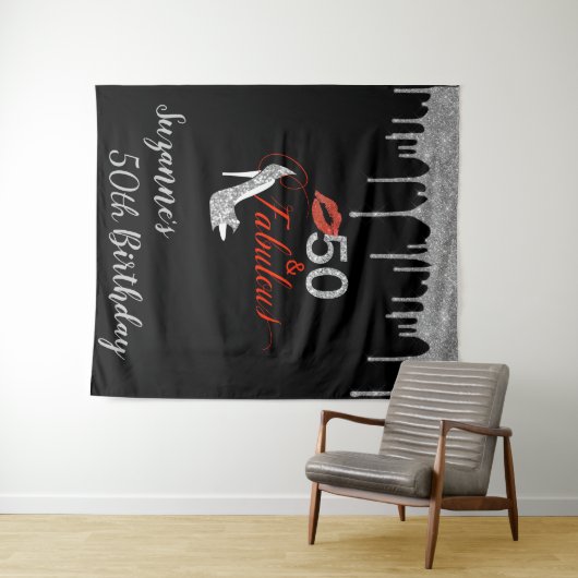 Foto achtergrond 50th Birthday Party Silver Glitte Wandkleed (In Situ (horizontaal))