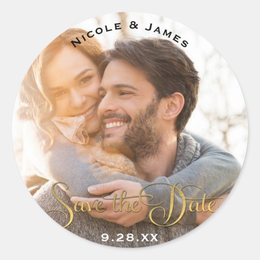 Foto Afbeelding Elegant Goud Modern OPSLAAN DE DAT Ronde Sticker (Voorkant)