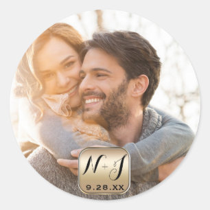 Foto Afbeelding Goud Aangepast Modern Huwelijksgun Ronde Sticker