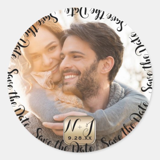 Foto Afbeelding Goud Modern Bewaar de Datum Trouwe Ronde Sticker (Voorkant)