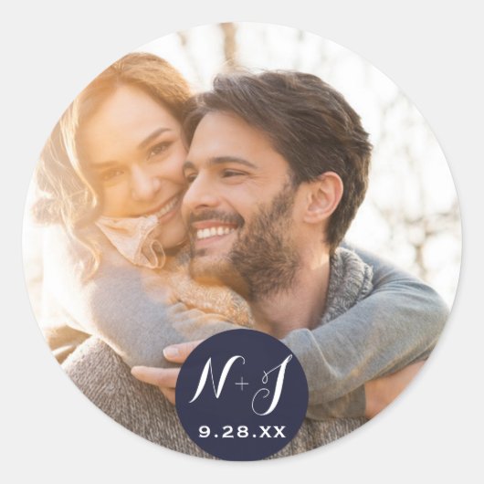 Foto Afbeelding Navy Blue Modern Wedding Favor Ronde Sticker (Voorkant)