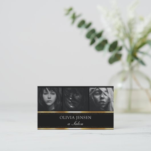 Foto Afbeelding Sjabloon Luxe Golden Black Salon Visitekaartje (Staand voorkant)
