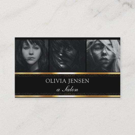 Foto Afbeelding Sjabloon Luxe Golden Black Salon Visitekaartje (Voorkant)