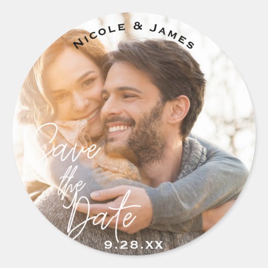 Foto Afbeelding Wit Modern Script SAVE THE DATE Ronde Sticker (Voorkant)
