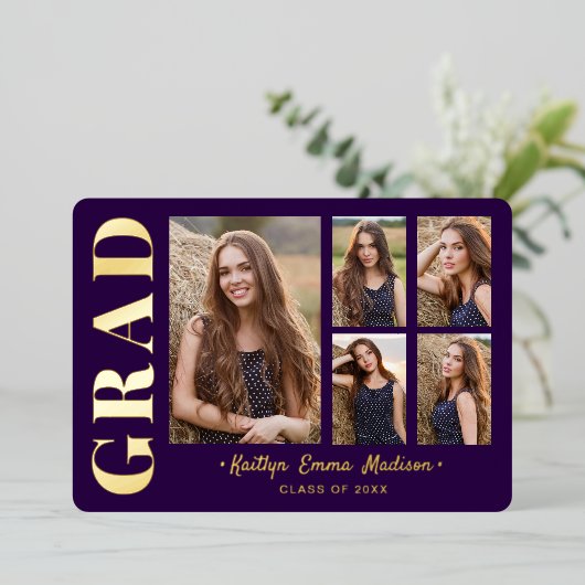 Foto Afstudeerder Collage Paars & Gold Foil Kaart (Staand Voorkant)