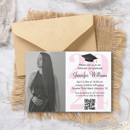 foto afstudeerfeest 2026 feest qr code minimal roz kaart