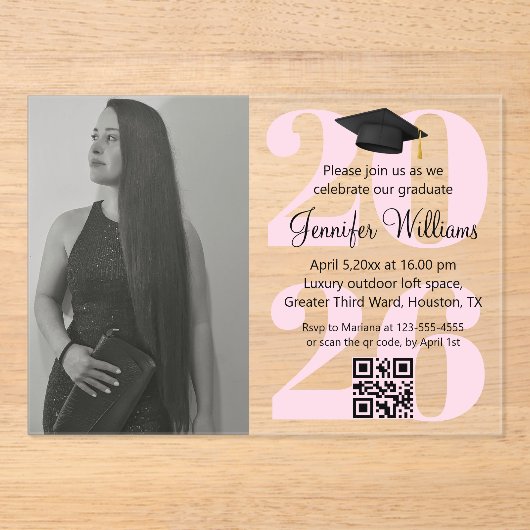 foto afstudeerfeest 2026 qr code roze schrift acryl uitnodigingen (Voorkant)
