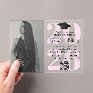foto afstudeerfeest 2026 qr code roze script acryl uitnodigingen