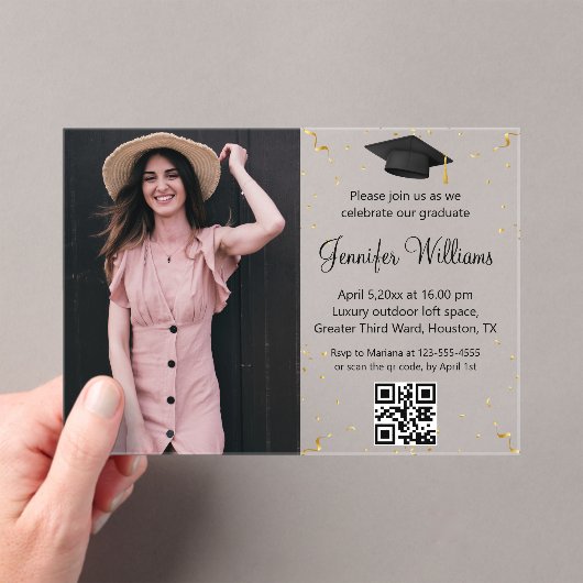 Foto Afstudeerfeest QR Code RSVP Gold confetti Acryl Uitnodigingen (Insitu (Draagbaar))