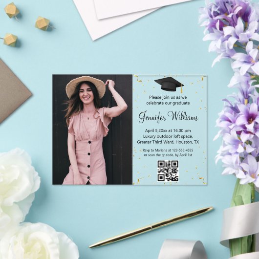 Foto Afstudeerfeest QR Code RSVP Gold confetti Acryl Uitnodigingen (Insitu (Huwelijk))